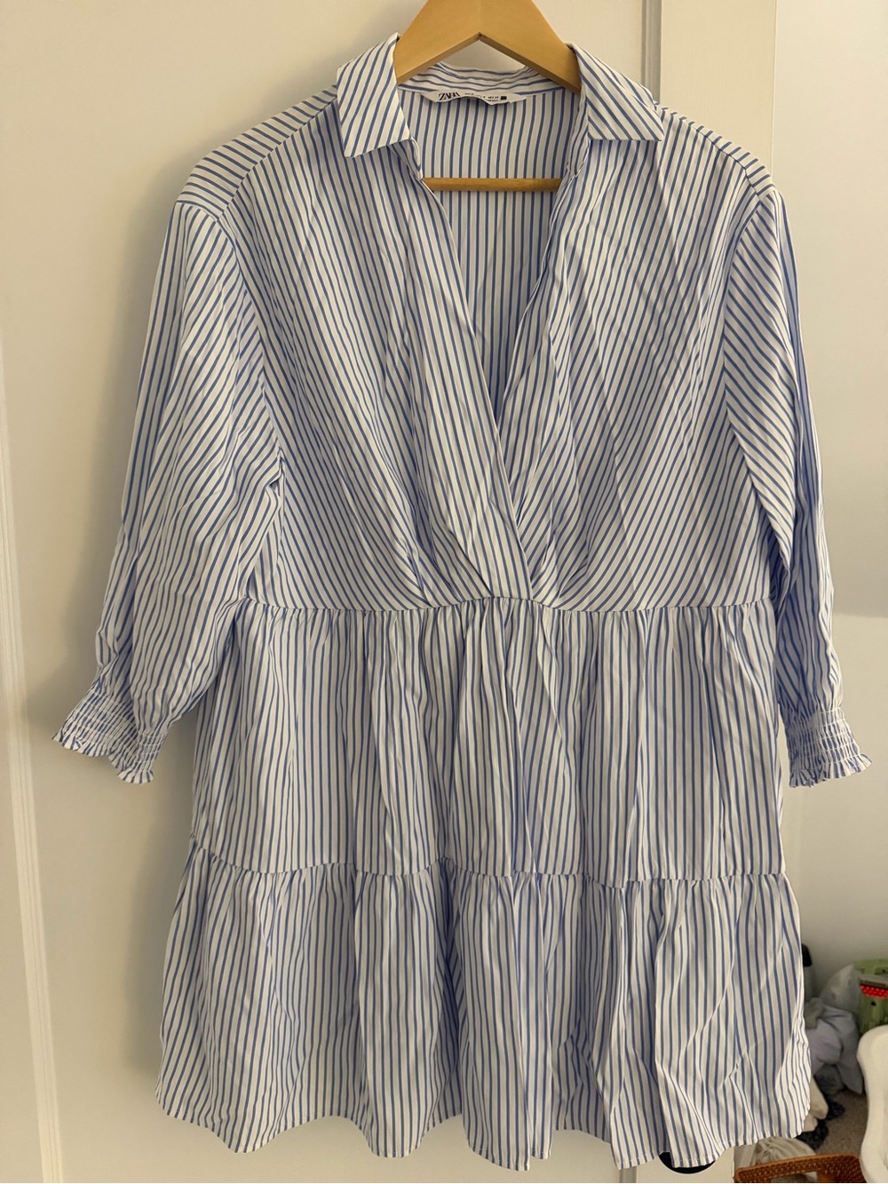 Zara White & Blue Striped Shirt Dress